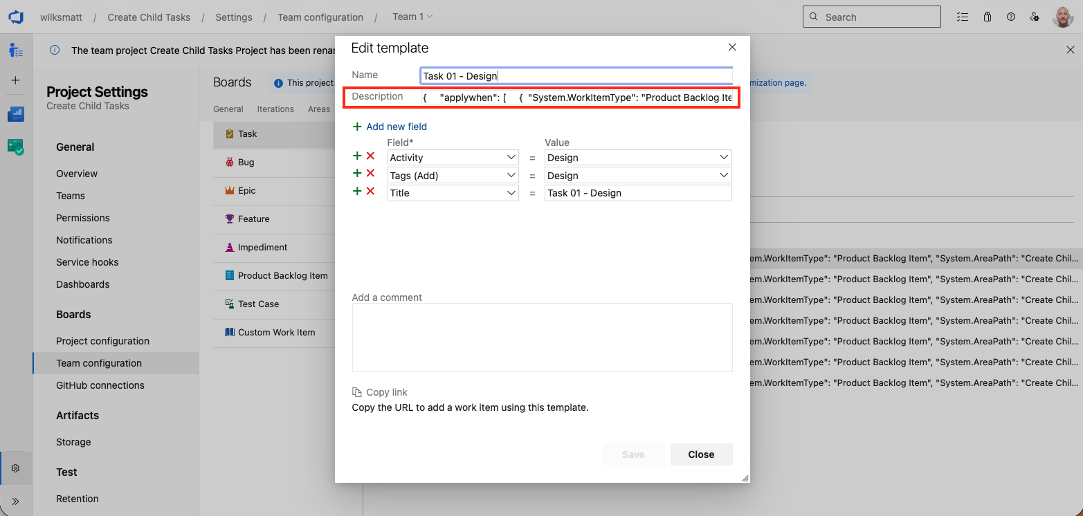 Team Templates - Description Field - Filter Rules